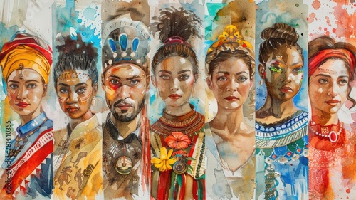 watercolor portraits showcasing the traditional clothing of different cultures, with each figure reflecting their cultural heritag photo