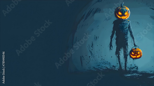 Halloween dark blue background with zombi with pumpkin head walking  High quality
