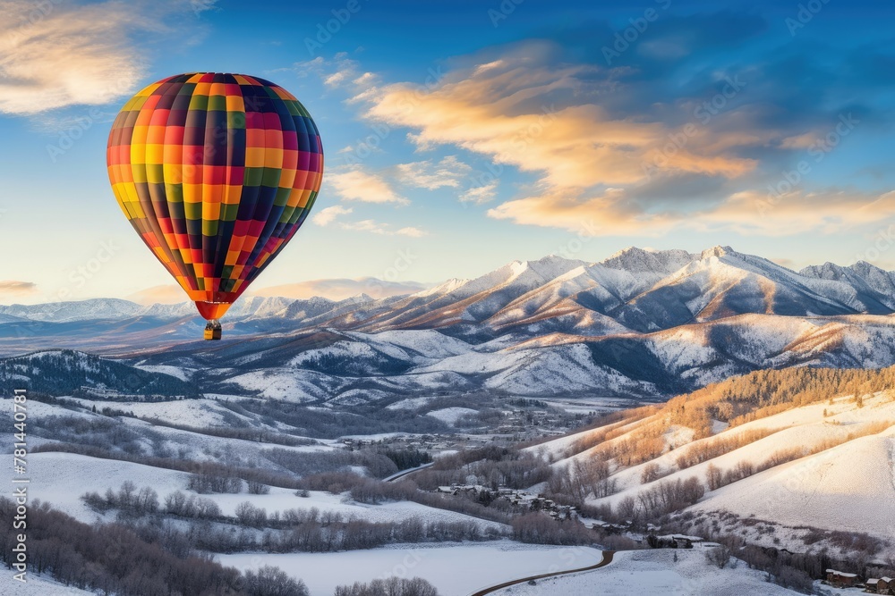 Hot air balloon flying over snowy mountains Hot air balloon flying over snowy mountains
