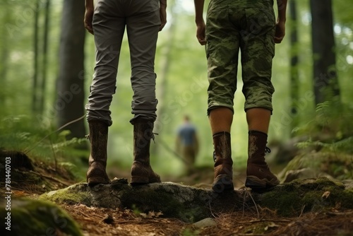 Two hikers standing in a forest looking forward. The tourists' booted feet are standing in the forest looking forward. Close-up.