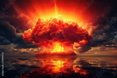 Dramatic nuclear explosion over water at sunset