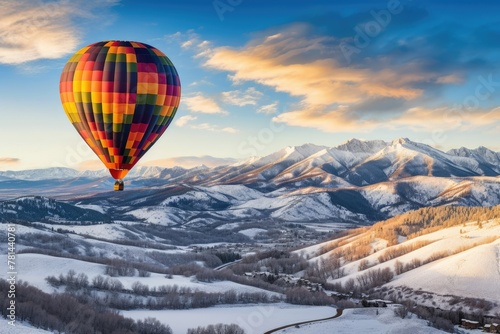Hot air balloon flying over snowy mountains