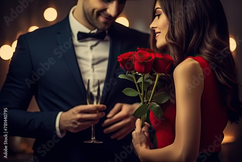 Couple enjoying a romantic moment with red roses