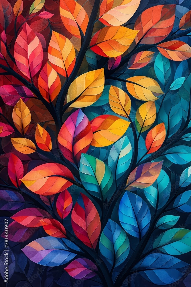 The vibrant rainbow tree showcases bright, captivating foliage on its gently swaying limbs, creating a bold setting for artwork and home embellishments in every room.