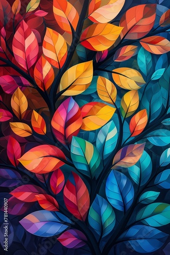 The vibrant rainbow tree showcases bright, captivating foliage on its gently swaying limbs, creating a bold setting for artwork and home embellishments in every room. © tonstock