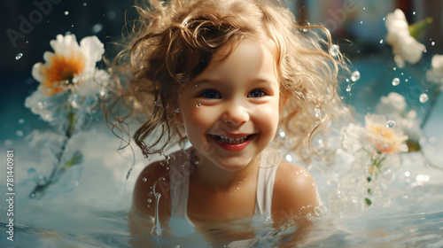 Baby in a bubbly bath  giggles abound as soap bubbles dance in their hair.
