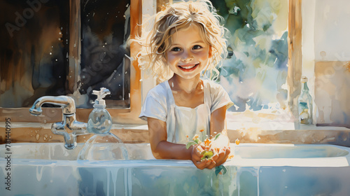 Baby in a bubbly bath, giggles abound as soap bubbles dance in their hair.