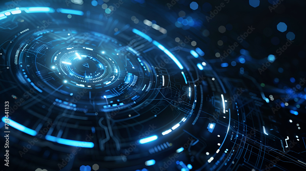 Futuristic technology interface , a digital circle circuit and a blue background ,Abstract fiber optic technology glowing background with bokeh Futuristic technology interface , a digital circle circuit and a blue background ,Abstract fiber optic technology glowing background with bokeh