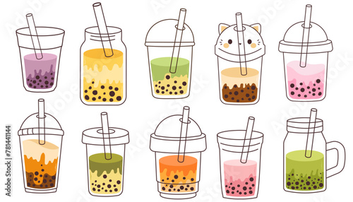 Set of Bubble Milk Tea. Boba in glasses, Asian pearl milk drink. Tea with tapioca pearls. Boba tea. Asian Taiwanese drink. Hand drawn colored trendy vector