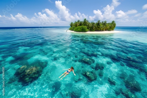 Aerial view of a woman in a bikini floating in crystal clear turquoise water. Holiday concept, relaxation