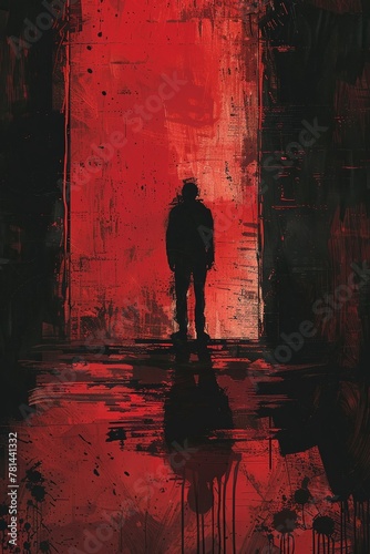 A person standing in front of the entrance with a sinister look, murder theme, artistic depiction.