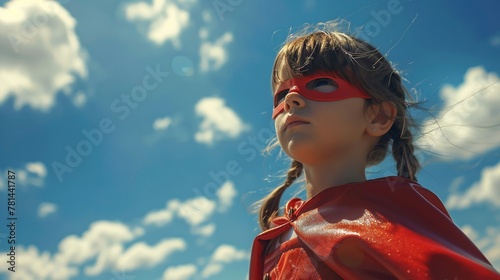 A young female superhero proudly poses under a clear azure sky, symbolizing empowerment and envisioning her limitless potential.