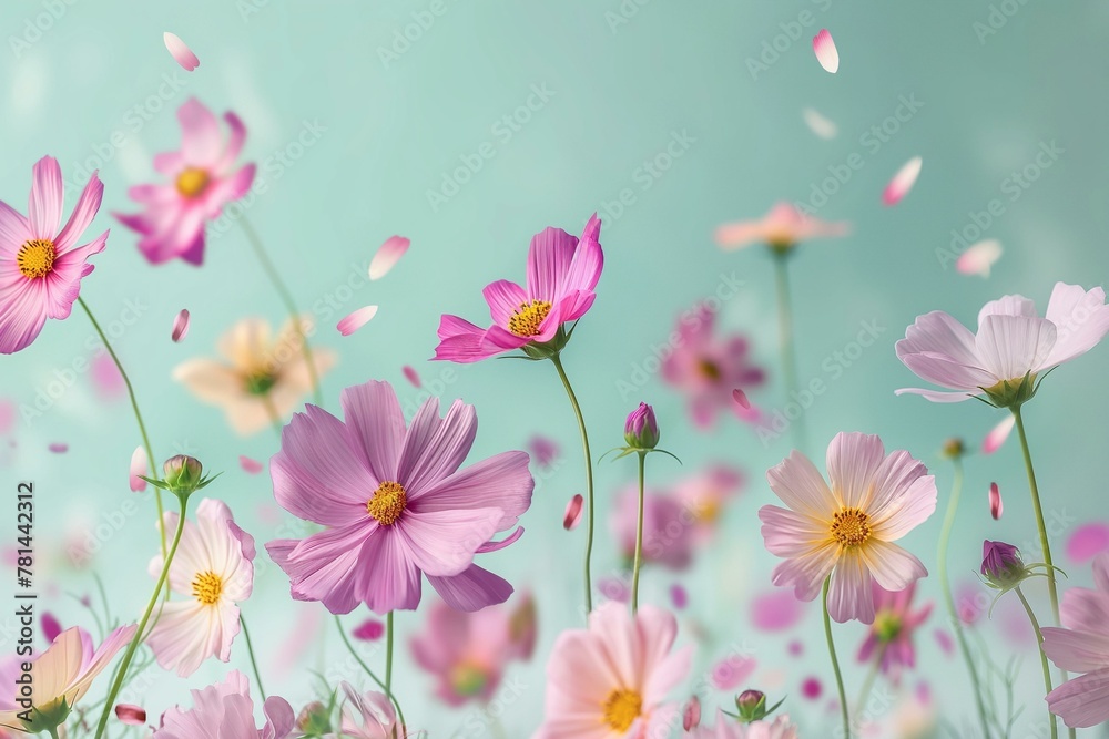Elegant Spring Flowers With Petals Falling Against a Soft Pastel Background