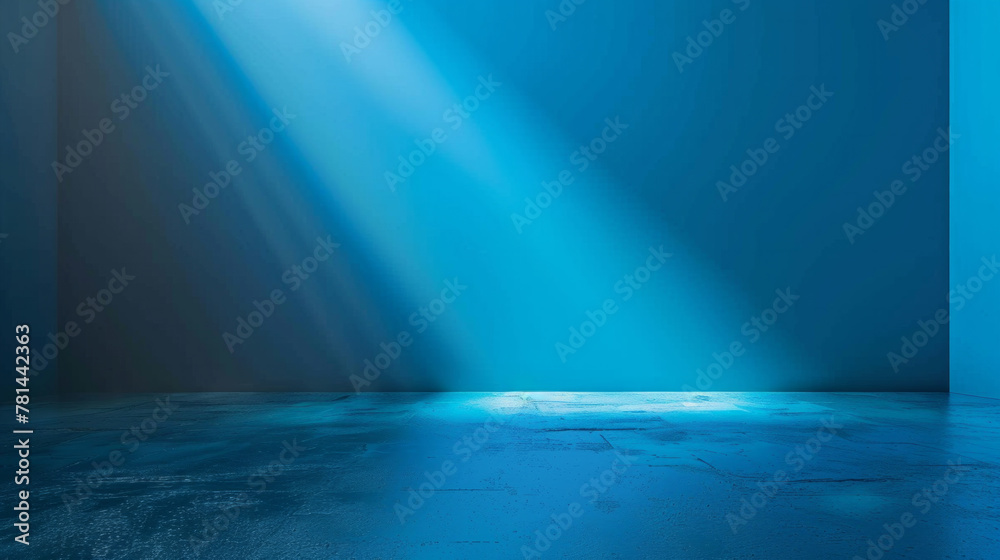 A blue room with a light shining on the floor