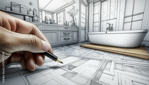 A drawing of a bathroom with a tub and sink. Perfect for interior design concepts