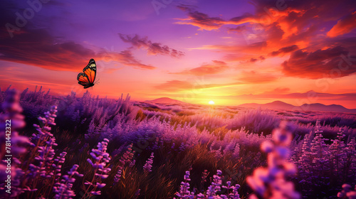 Beautiful landscape sunset field with lavender flowers. © Natalia