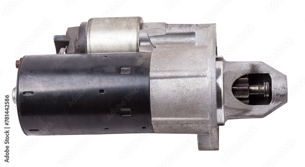 Starter of an internal combustion engine New Spare part for car on a white background. Spare parts catalog.