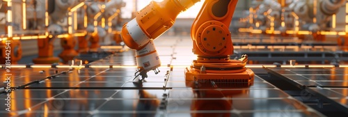 Innovative technology in action  An orange industrial robot arm assembles solar panels on a modern factory production line, highlighting advancements in automated manufacturing photo