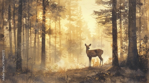 warm-toned watercolor painting of a young deer standing amidst a forest bathed in the soft golden light of sunrise  conveying a sense of tranquility and harmony with nature