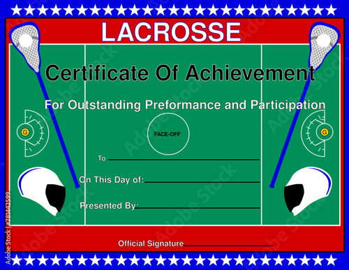 Certificate of achievement in Lacrosse. Player diploma vector template with ball, lacrosse rackets and playing field. Sports team award diploma for participation in tournament. Replaceable text

