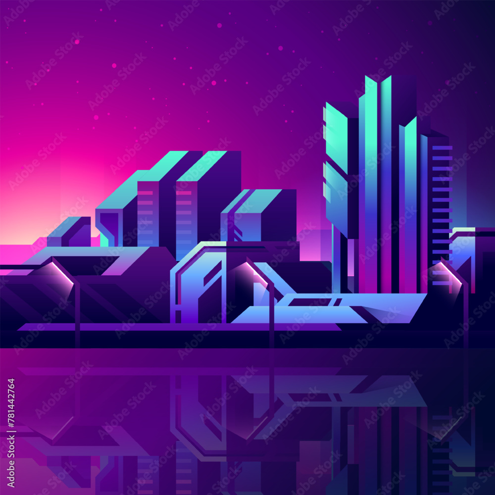 Fototapeta premium Abstract neon skyscraper illustration. Futuristic city at night scene.