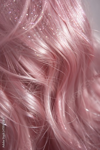 Soft rose light emanates from the hair, against a backdrop of cosmic silver, sophisticated and elegant