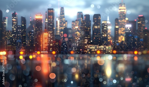 Cityscape twilight bokeh lights reflecting on water