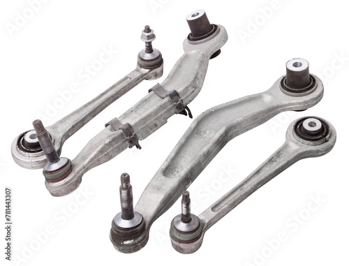 Wallpaper Mural Curved metal chassis arm lever with ball and rubber-metal joint with bushings - silent block on a white isolated background. Detail for suspension repair in a workshop or garage. Torontodigital.ca