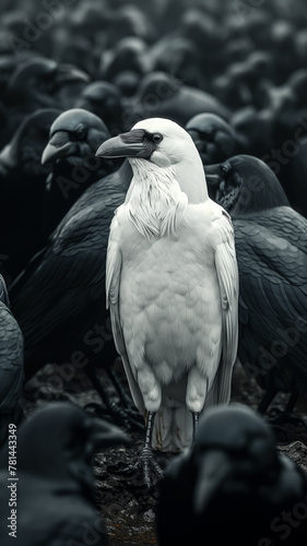A snow-white albino raven in a flock of black ravens, the uniqueness and individuality of each, a vertical poster about an invitation to psychoanalysis and self-acceptance