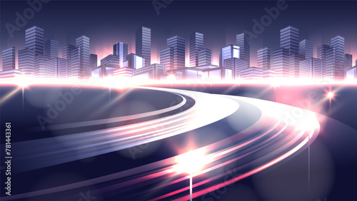 Evening winding road to the city. Blurred horizontal illustration of highway nightlife.