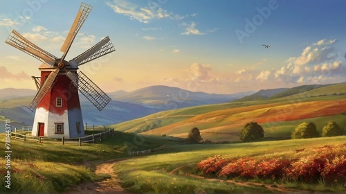 nice alone windmill in the morning time near the valley mountainside greenery and some clouds but almost sunny day 