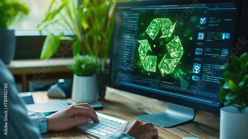 A sustainable home office showcasing cloud storage options with a green leafy motif symbolizes the merger of digital lifestyle and environmental conservation. Ideal for remote work.