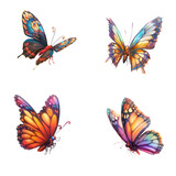 Discover a collection of flying butterfly cartoons, blending Pixar style with velvety brushwork and voluminous lighting, set against a transparent background.