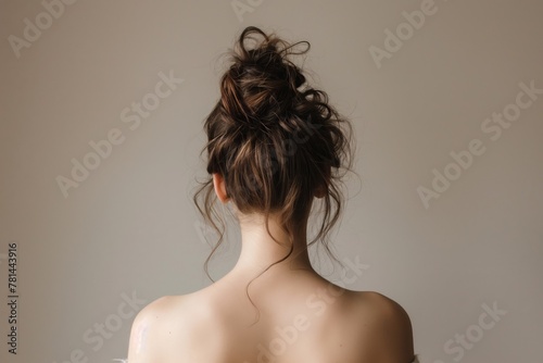 Back view of a woman showcasing a stylish messy bun against a neutral background