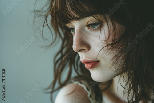 Close-up photo capturing a woman's offbeat messy fringe hairstyle and thoughtful expression