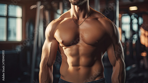 Close-up of a muscular male torso on a gym background. Workout and sports nutrition.
