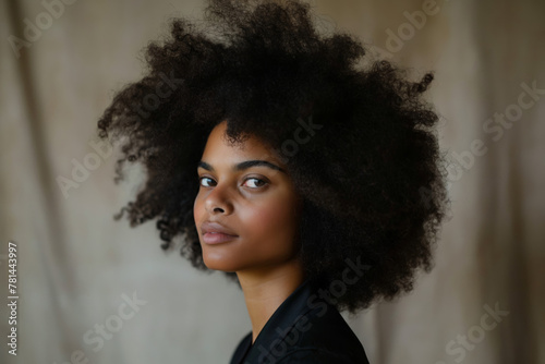 Close-up photo of a young woman flaunting her natural, curly hair photo