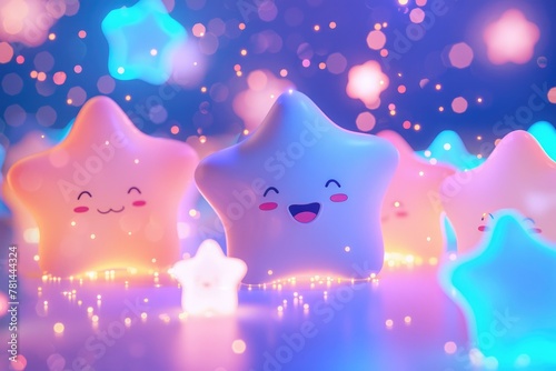 A 3D vibrant icon depicting a kawaii character surrounded by glowing stars, visualizing dreams and aspirations with a touch of whimsy and inspiration