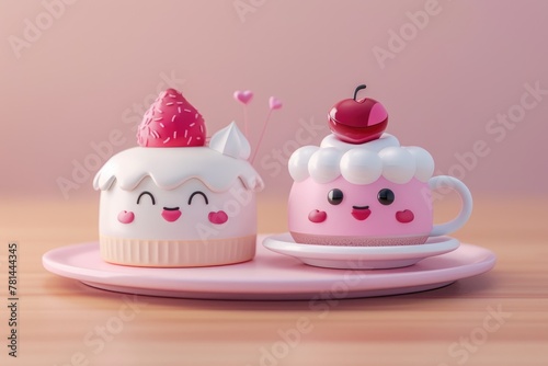 A cake serving set rendered in kawaii style