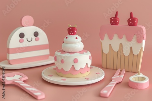 A cake serving set rendered in kawaii style