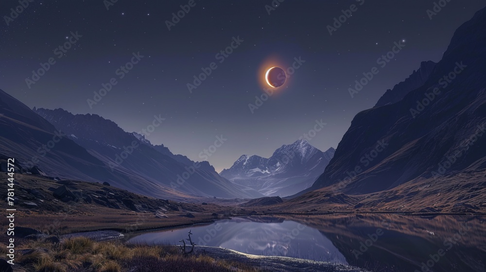Ethereal Lunar Eclipse: Tranquil Mountain Valley Veiled in Shadow - obrazy, fototapety, plakaty 