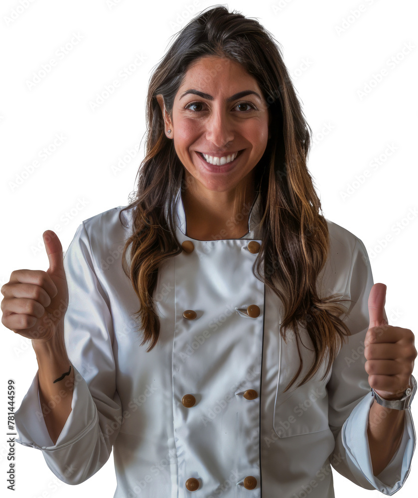 Smiling Latina chef giving double thumbs up cut out png on transparent background Smiling Latina chef giving double thumbs up cut out png on transparent background