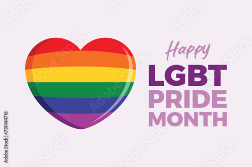 Happy LGBT Pride Month poster with a rainbow heart vector illustration. LGBT pride flag in heart shape icon vector. Template for background, banner, card. LGBT love symbol. Important day