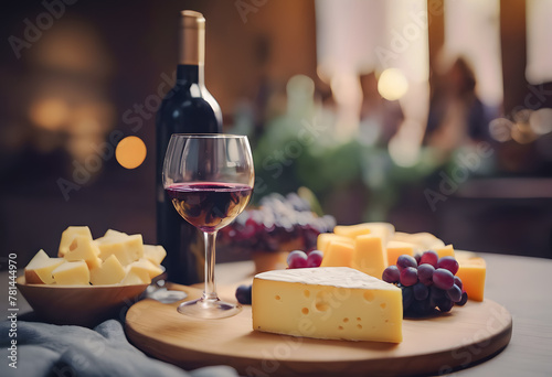 Elegant wine and cheese tasting setup with a glass of red wine, assorted cheeses, grapes, and a bottle on a wooden board, with a warm, blurred background. National cheese and wine day.