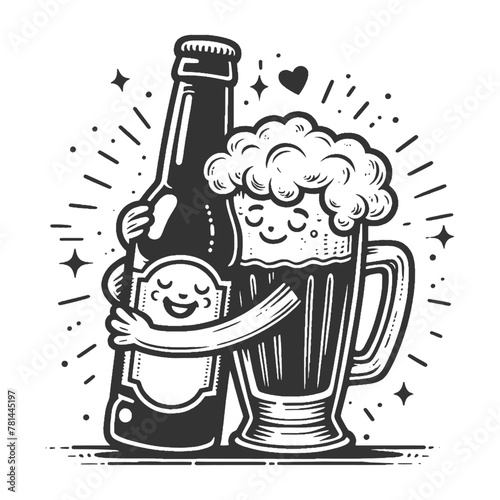 animated beer bottle and mug hugging, with hearts, for beverage enthusiasts sketch engraving generative ai fictional character vector illustration. Scratch board imitation. Black and white image.