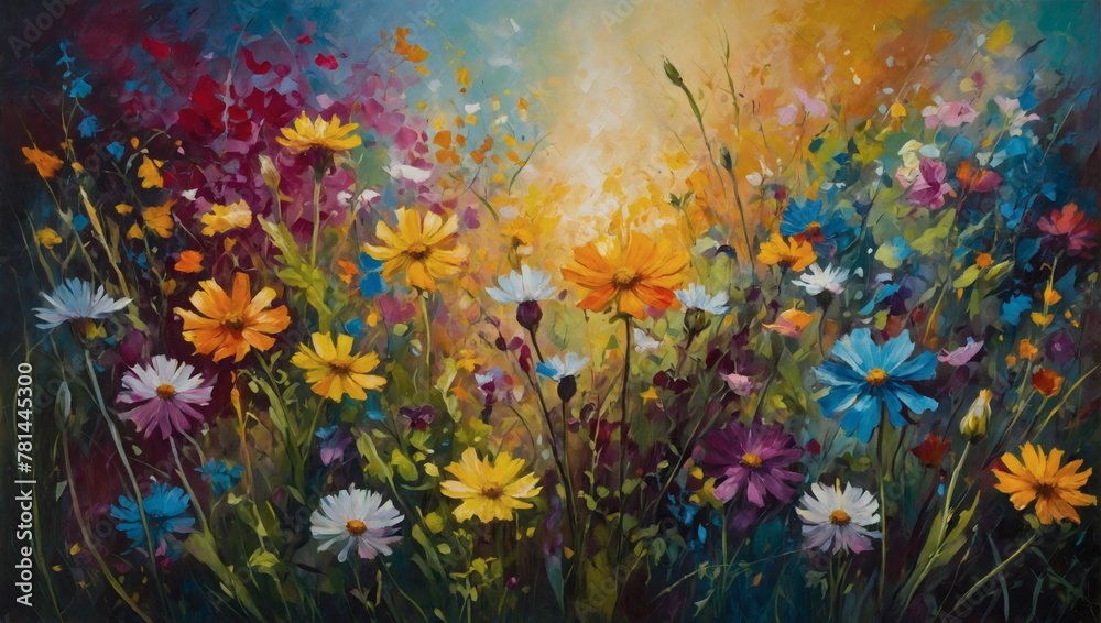 Abstract oil painting of wildflowers bursting with vibrant colors, creating a kaleidoscope of nature's beauty on canvas.