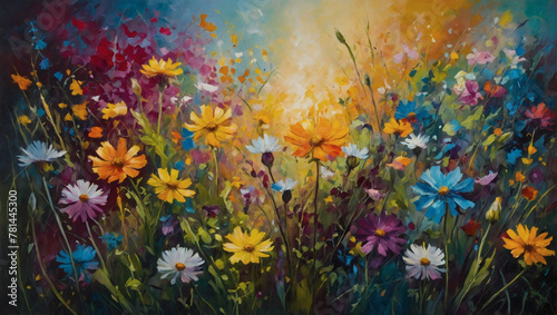 Abstract oil painting of wildflowers bursting with vibrant colors  creating a kaleidoscope of nature s beauty on canvas.