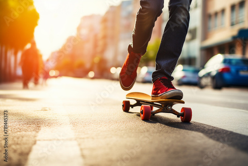 AI generated image of man riding a vintage skateboard on a sunlit city street