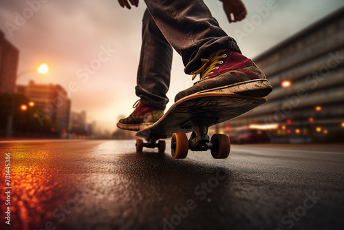AI generated picture of young man riding a skateboard on an evening city street photo