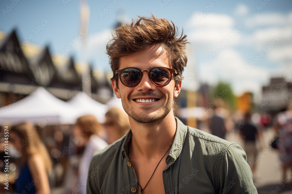 Generated with AI technology portrait of a handsome cheerful man walking on summer vacation Generated with AI technology portrait of a handsome cheerful man walking on summer vacation